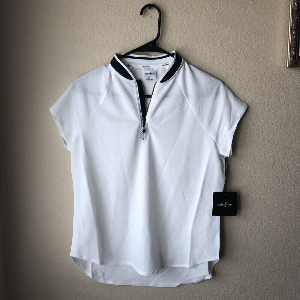 NWT Belyn Key Keystone White Black Zip Polo Short Sleeve Women’s Size Small